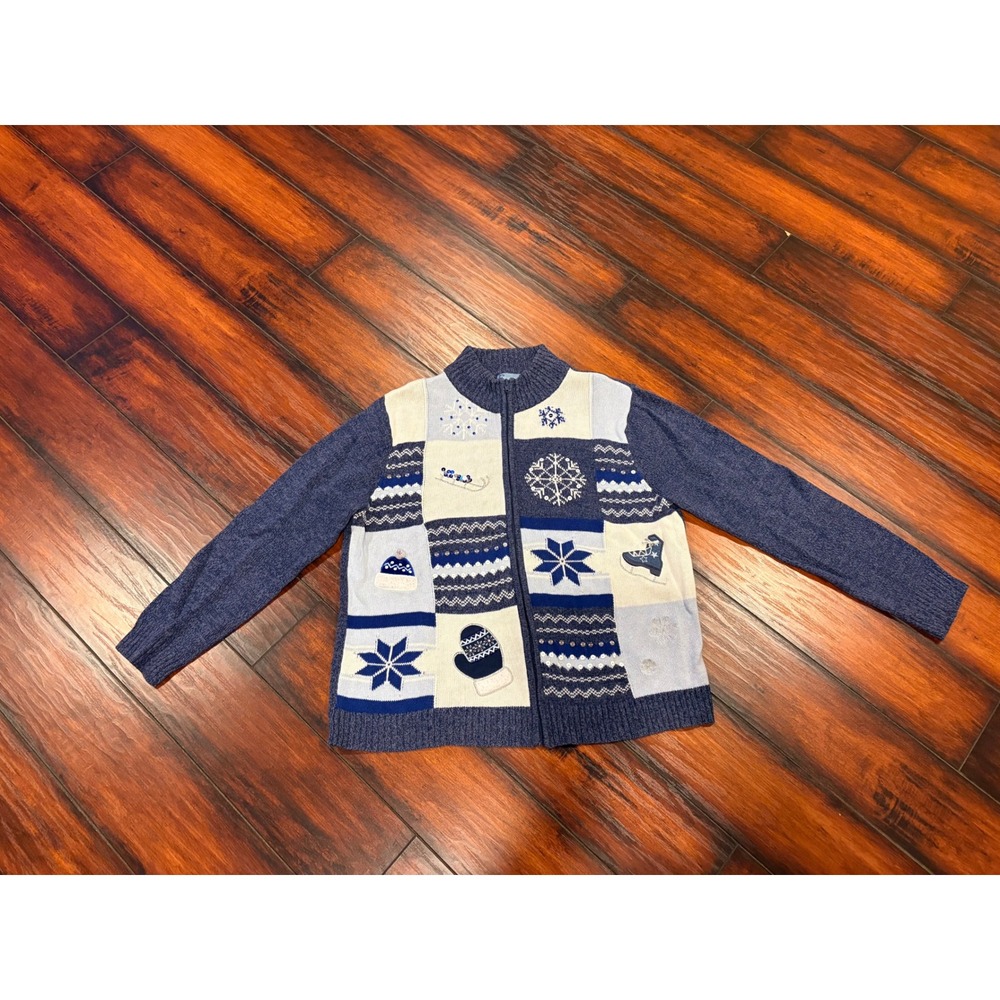 Classic Elements Womens M Blue Winter Snowflakes Sledding Mittens Zip Up Sweater